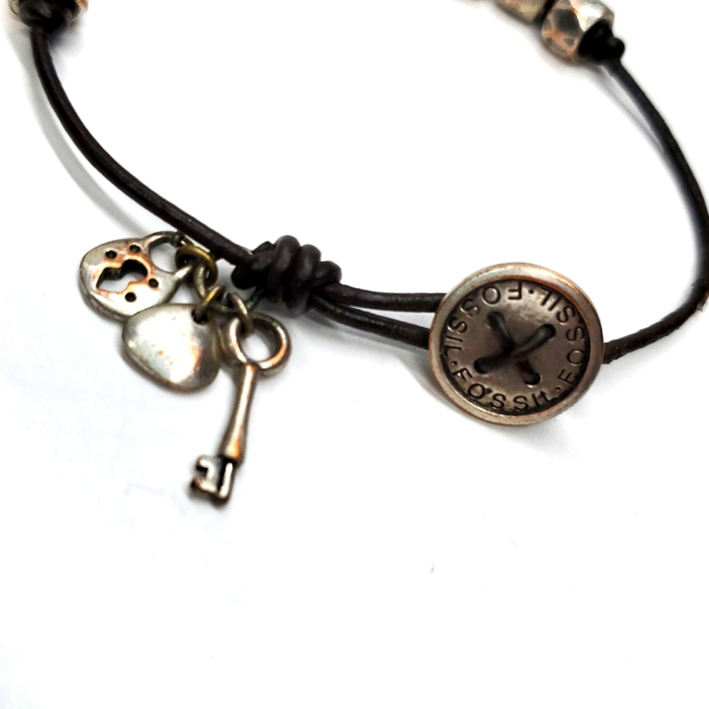 Fossil Brown Leather Cord and Silver Toned Beaded Bracelet - Picture 3 of 8